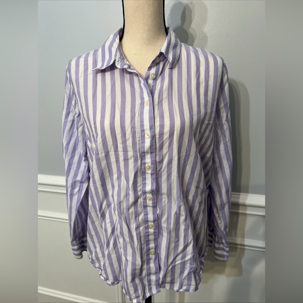 Ann Taylor Women's Striped Long Sleeve Relaxed Perfect Button Up Shirt LP Purple